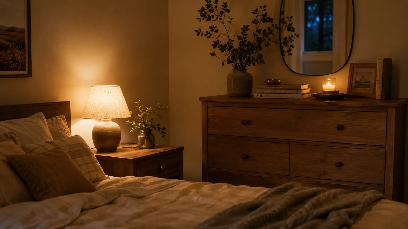 A calm, softly lit bedroom at night with a wood dresser, a folded throw blanket, and gentle warm light