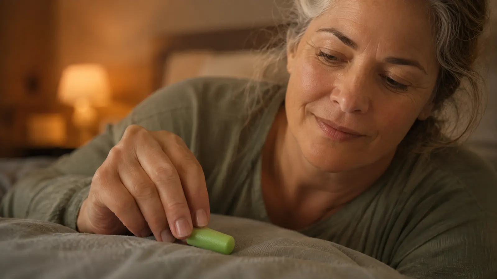 A hand rolling a green foam ear plug between two fingers before inserting it