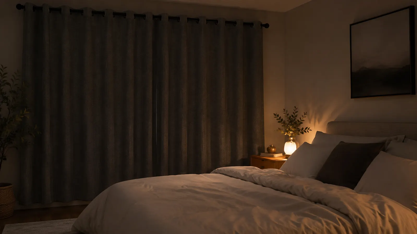 A dark, calm bedroom at night with grey blackout curtains fully closed and no light bleeding through