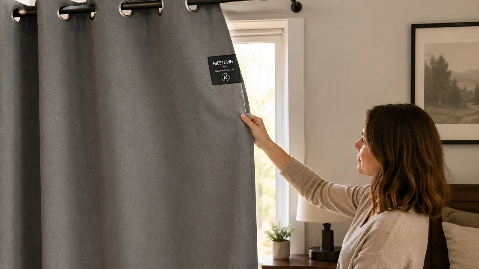 Hand holding a grey grommet blackout curtain panel extended several inches past the window trim to show proper oversizing