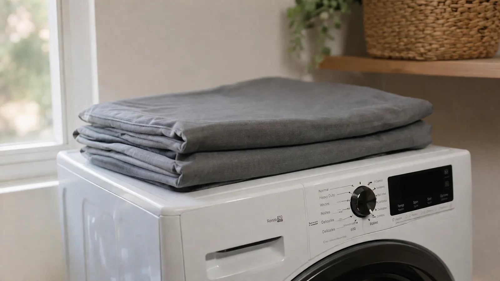 Folded grey blackout curtain panel next to a washing machine, ready to be washed