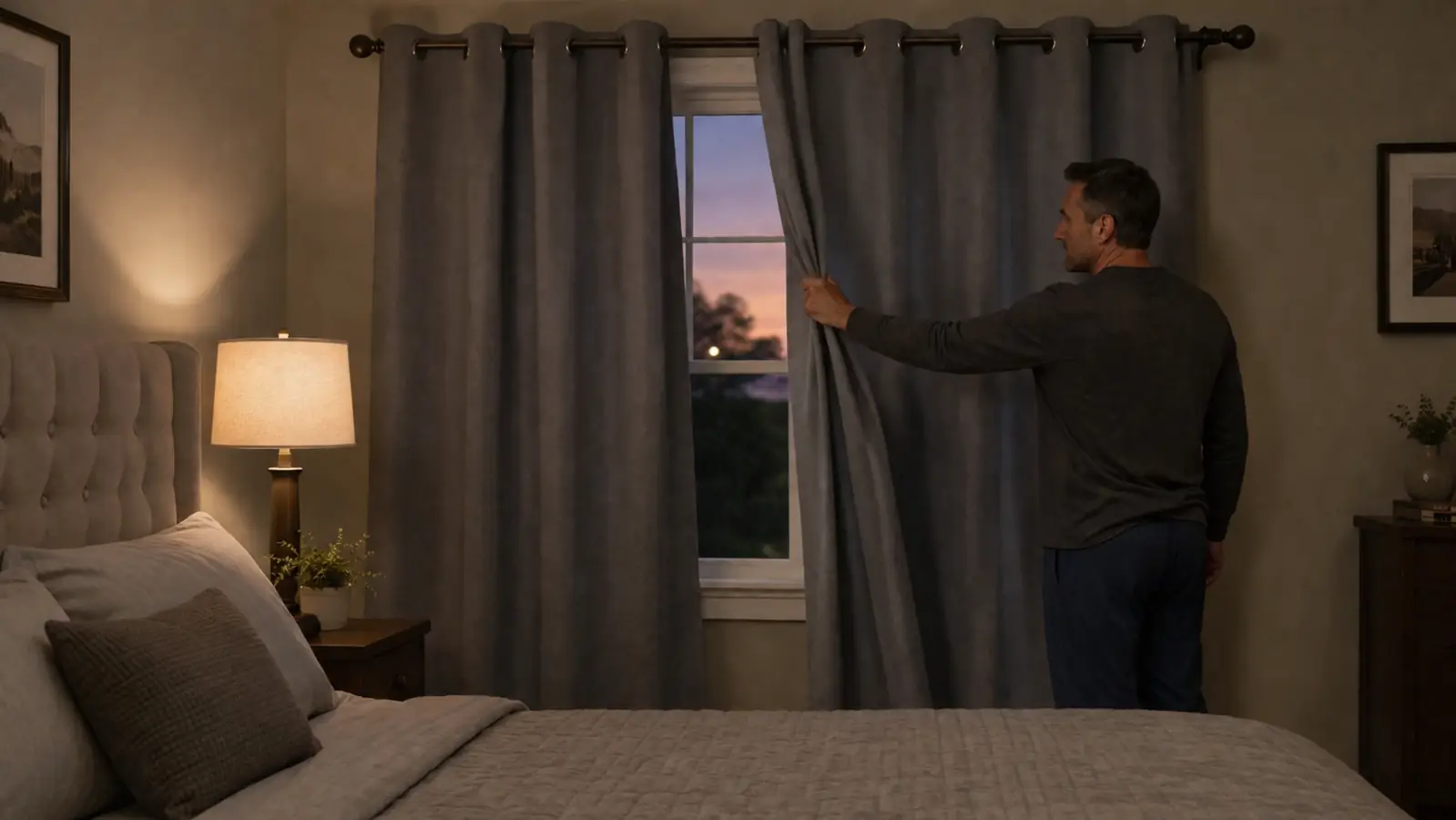 Hand adjusting a NICETOWN grommet blackout curtain panel on a rod that extends past the window frame