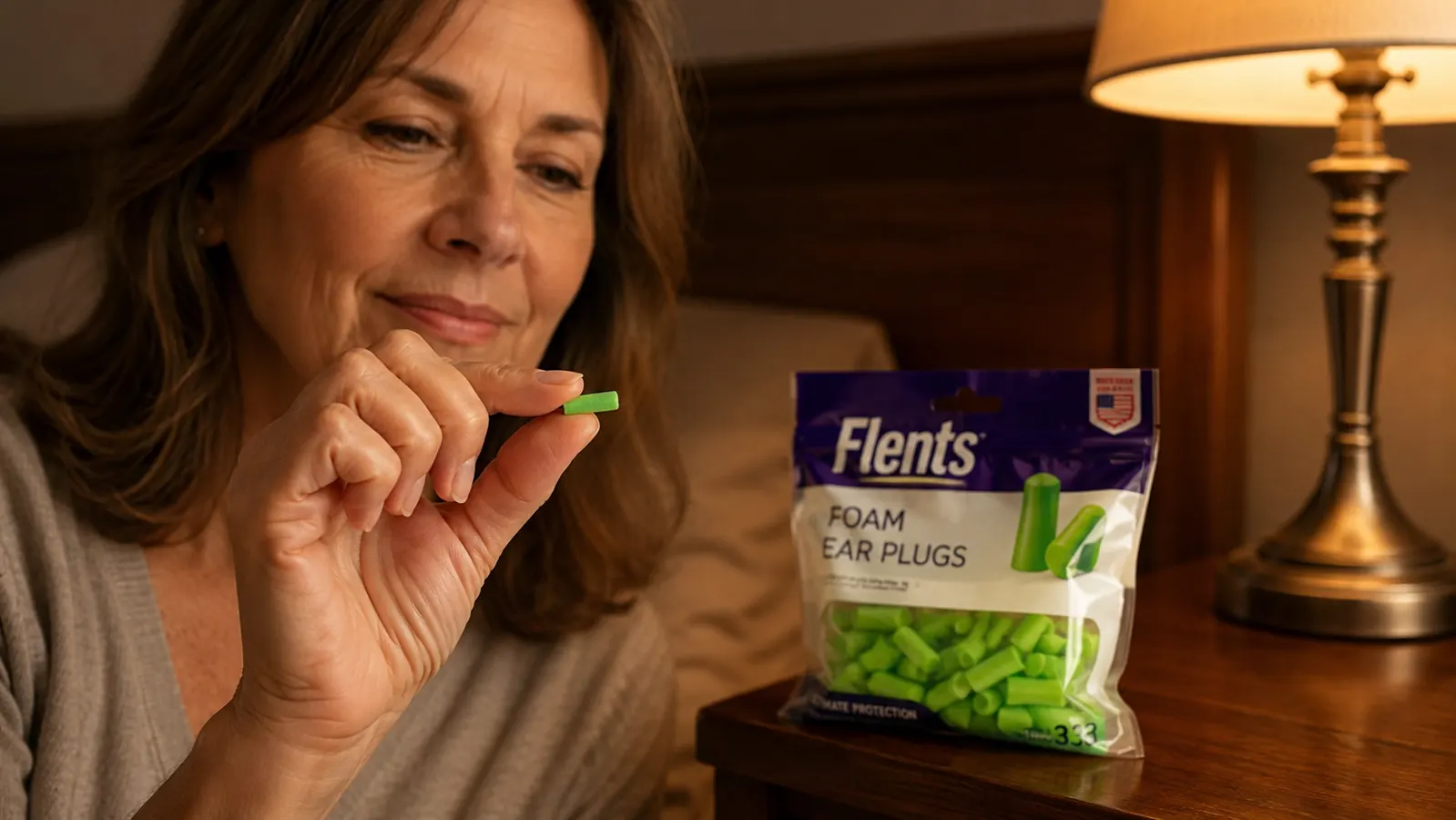 Hand holding a green foam Flents ear plug between two fingers before rolling it to insert