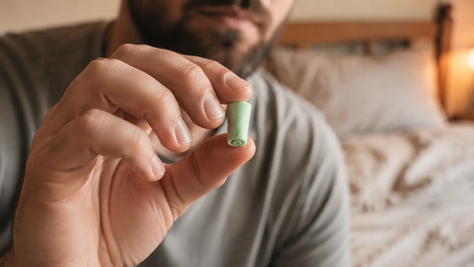 Close-up of two fingers rolling a green foam Flents ear plug down to a thin cylinder, showing the correct roll technique