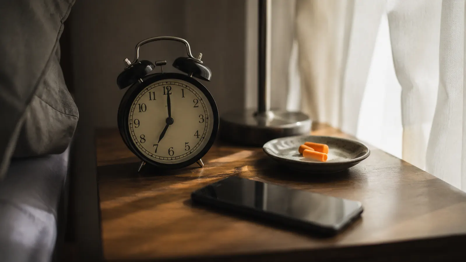 A small alarm clock on a nightstand next to a phone and a dish of foam ear plugs, morning light coming through a curtain