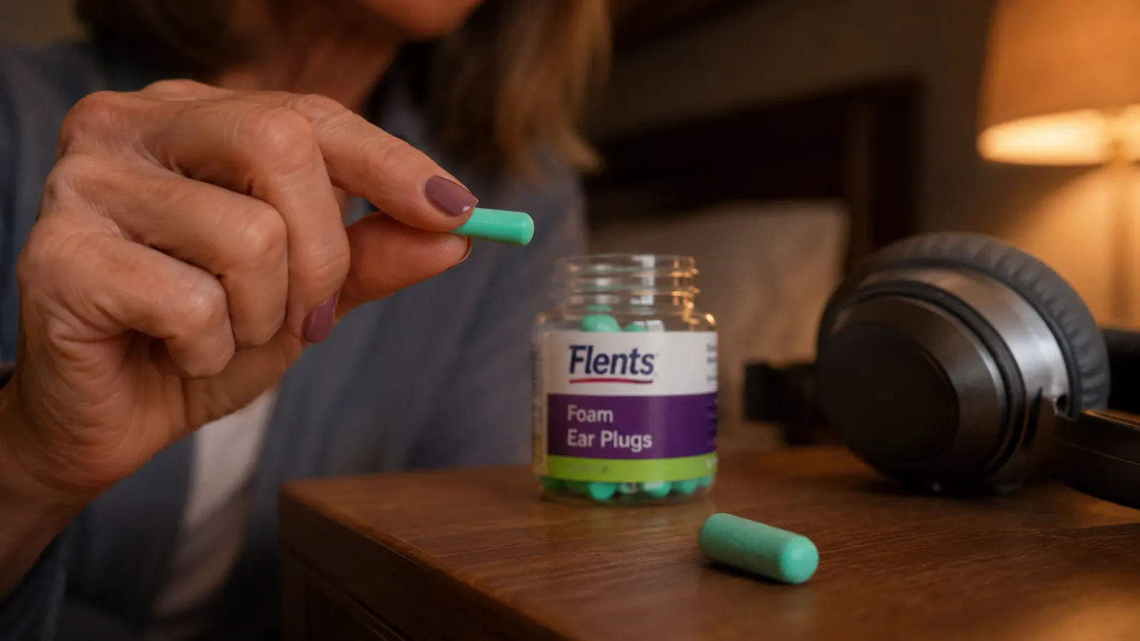 A hand rolling a green foam Flents ear plug down thin before inserting it, with a pair of headphones resting nearby out of focus
