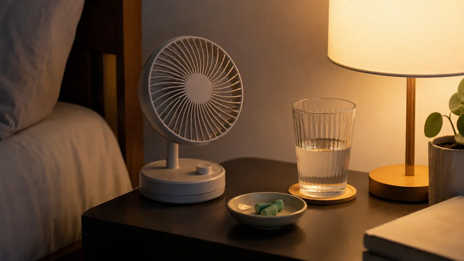 A small fan running on low on a nightstand next to a dish of foam ear plugs and a glass of water