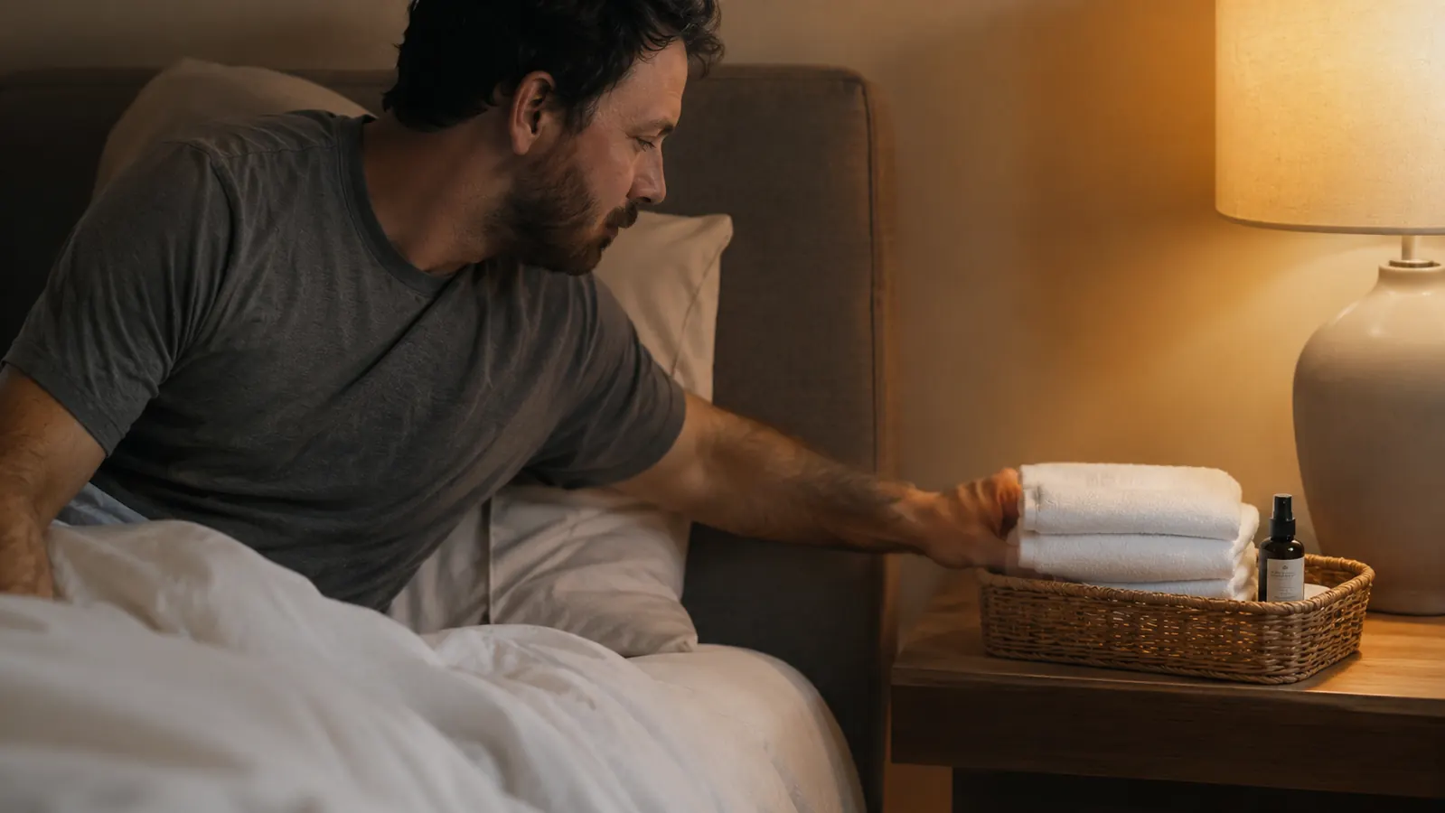 Small basket holding folded white towels and a spray bottle sitting on a nightstand as a spill response kit