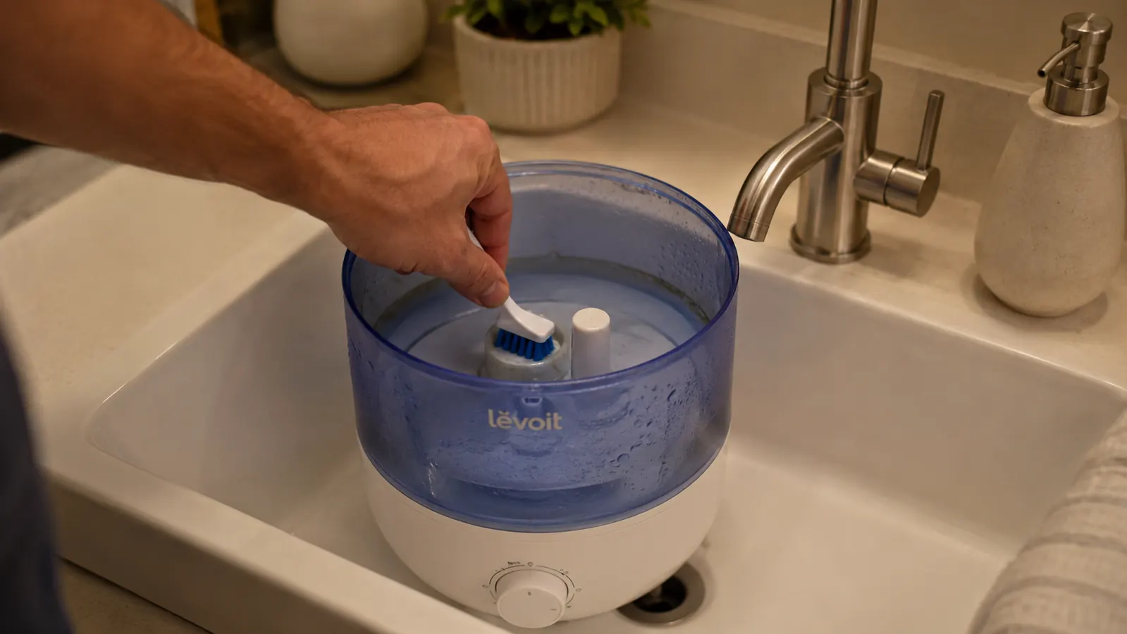 Hand using a small brush to scrub the base of the reference humidifier tank during a cleaning session
