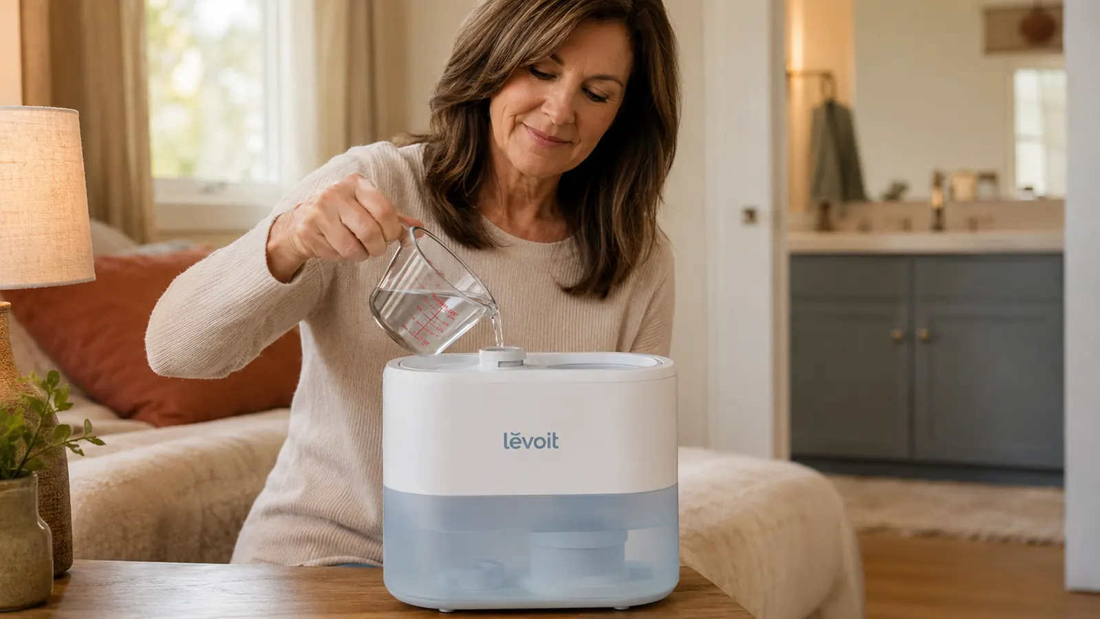 Hand pouring water into the top-fill opening of the Levoit humidifier tank