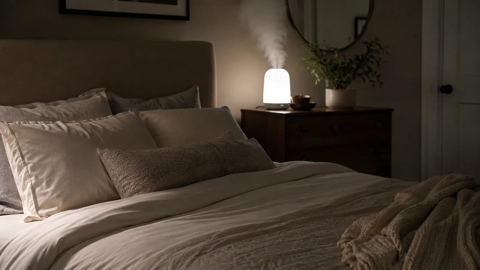 Person sleeping peacefully in a dim bedroom with a humidifier running quietly in the background