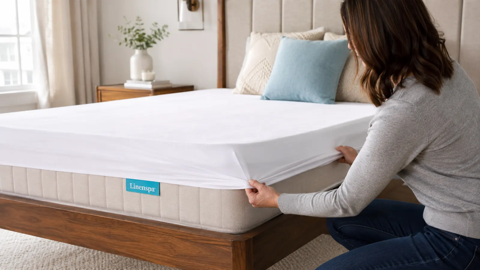 Wide shot of two hands pulling the fitted elastic skirt of a white mattress protector taut over the thick corner of a pillow-top mattress