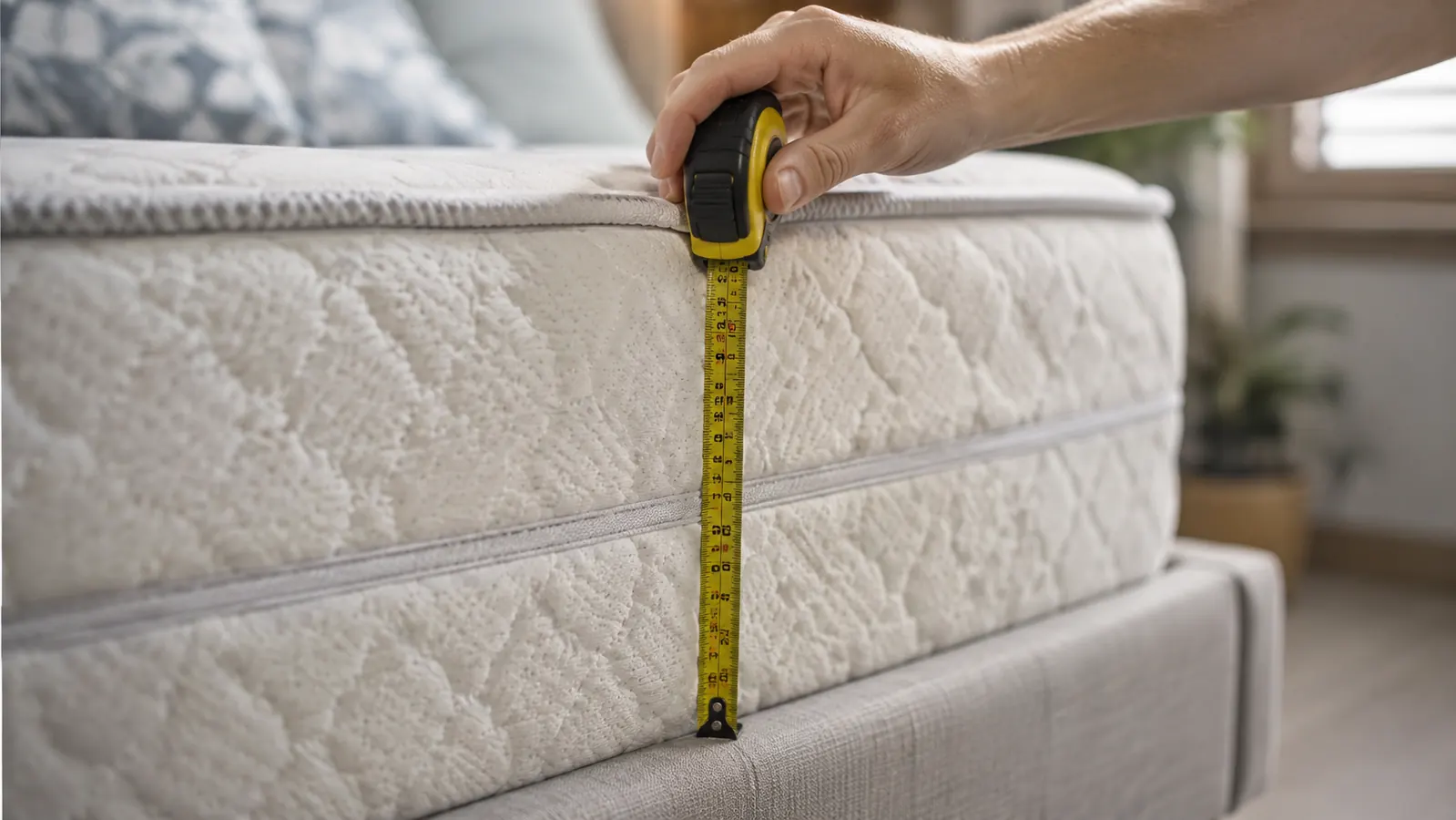 Close side view of a tape measure held vertically against the depth of a thick mattress in a softly lit bedroom