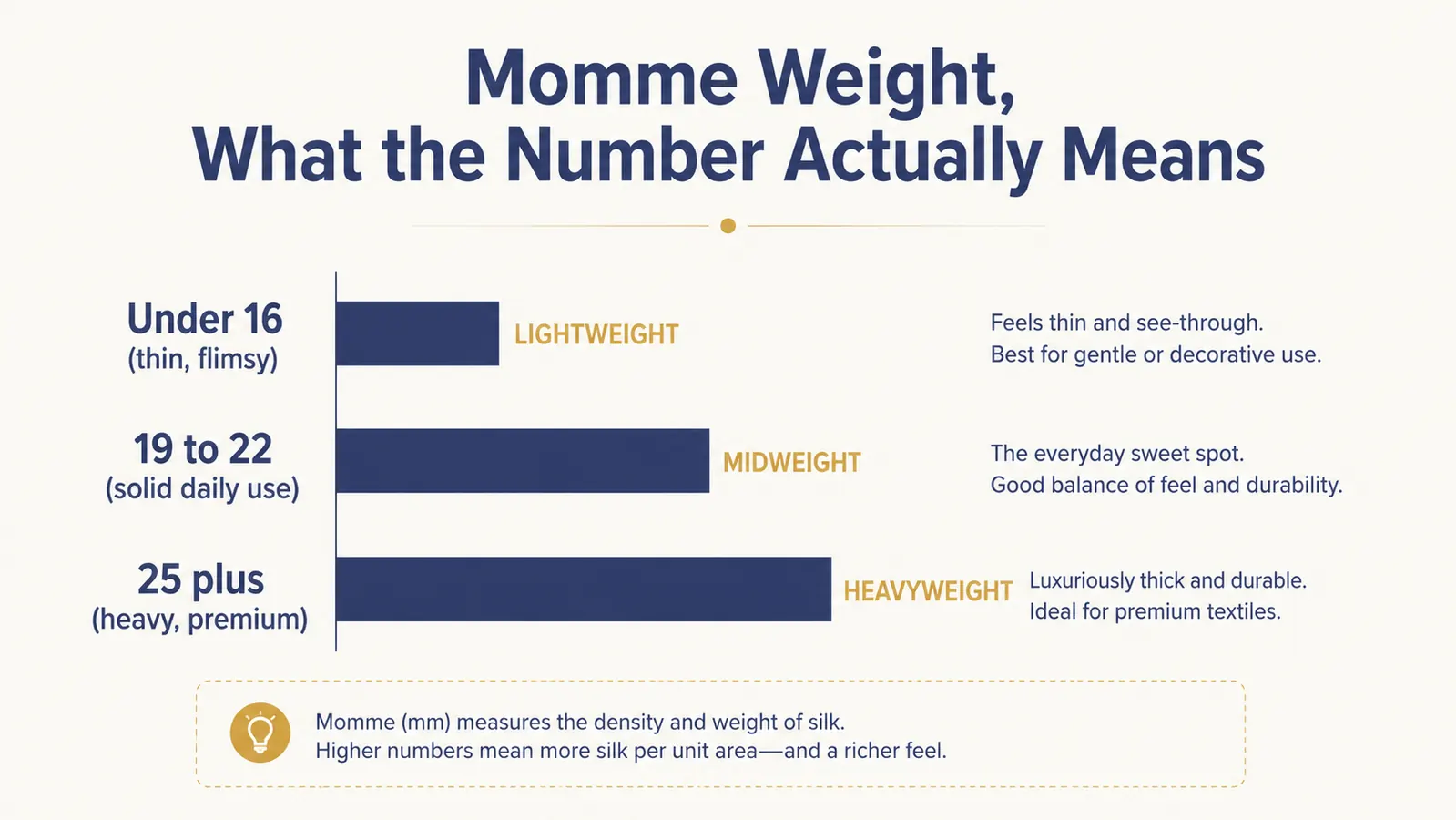 Simple bar chart comparing typical momme weight ranges for budget, mid-range, and premium silk pillowcases