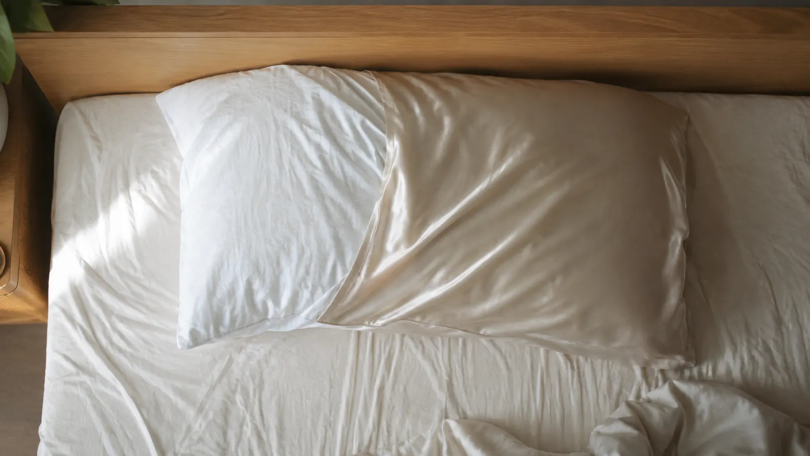 A silk pillowcase bunched and shifted to one side of a pillow after a restless night, corner exposing the pillow underneath